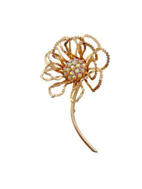 Vintage Gold-Tone Flower Brooch With Iridescent Rhinestone Center Retro Floral P